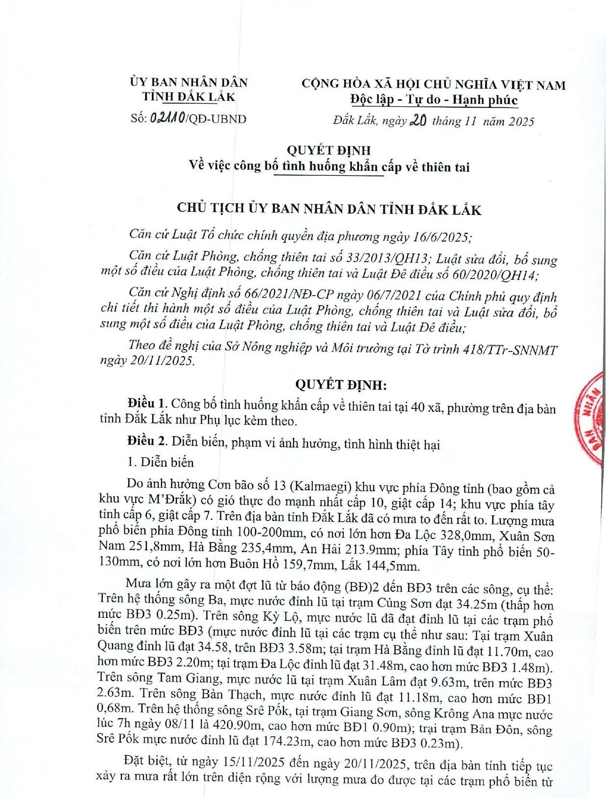 Quyết định về việc công bố tình huống khẩn cấp về thiên tai